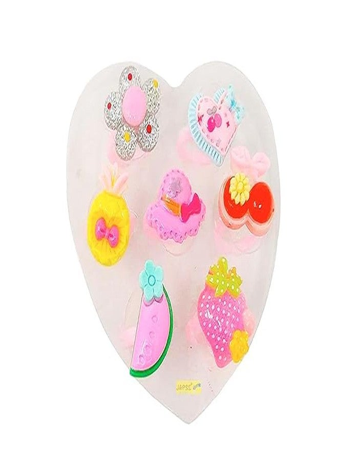 JAPSI Kids Plastic Finger Rings Set, 7 Pieces, Fruit and Candy Design, Heart Box Pack, Girls Pretend Play Jewellery - Image 3